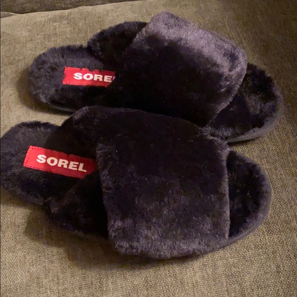 Sorel Faux Fur Black Slide Slippers, Size 8